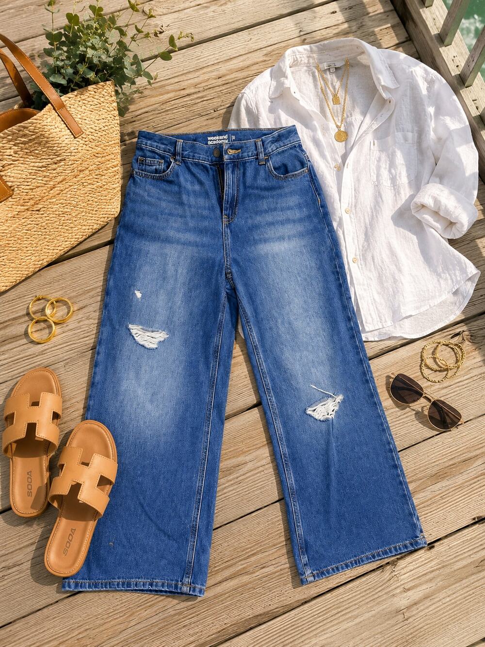 Weekend Academy Distressed Wide Leg Crop Jeans Size 18 Medium Wash